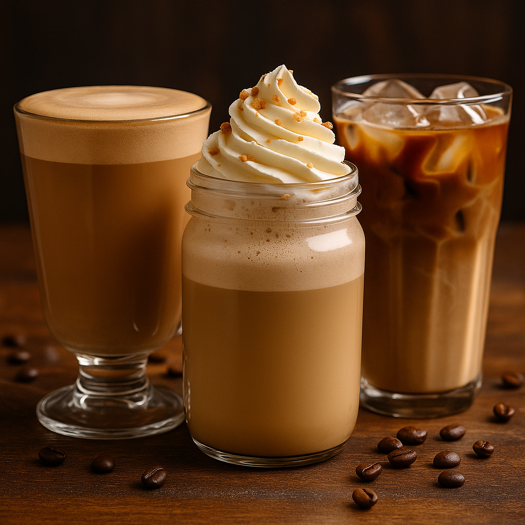 Three handcrafted coffee drinks sit side-by-side on a rustic wooden table: a smooth latte with creamy foam, a specialty drink topped with whipped cream and sprinkles, and an iced coffee drizzled with caramel, all surrounded by scattered coffee beans and warm café lighting.