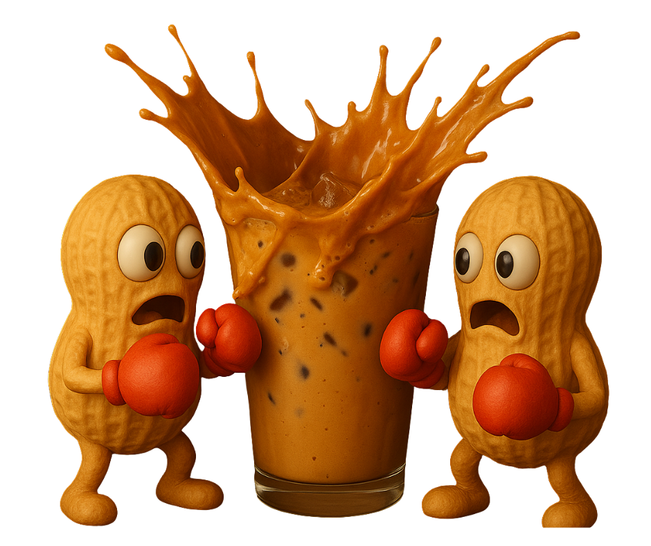Two cartoon peanuts wearing red boxing gloves punch a splashing iced peanut butter coffee, with caramel and chocolate flying through the air. Tagline at the bottom reads, “When life gets tough, get a little nutty.”