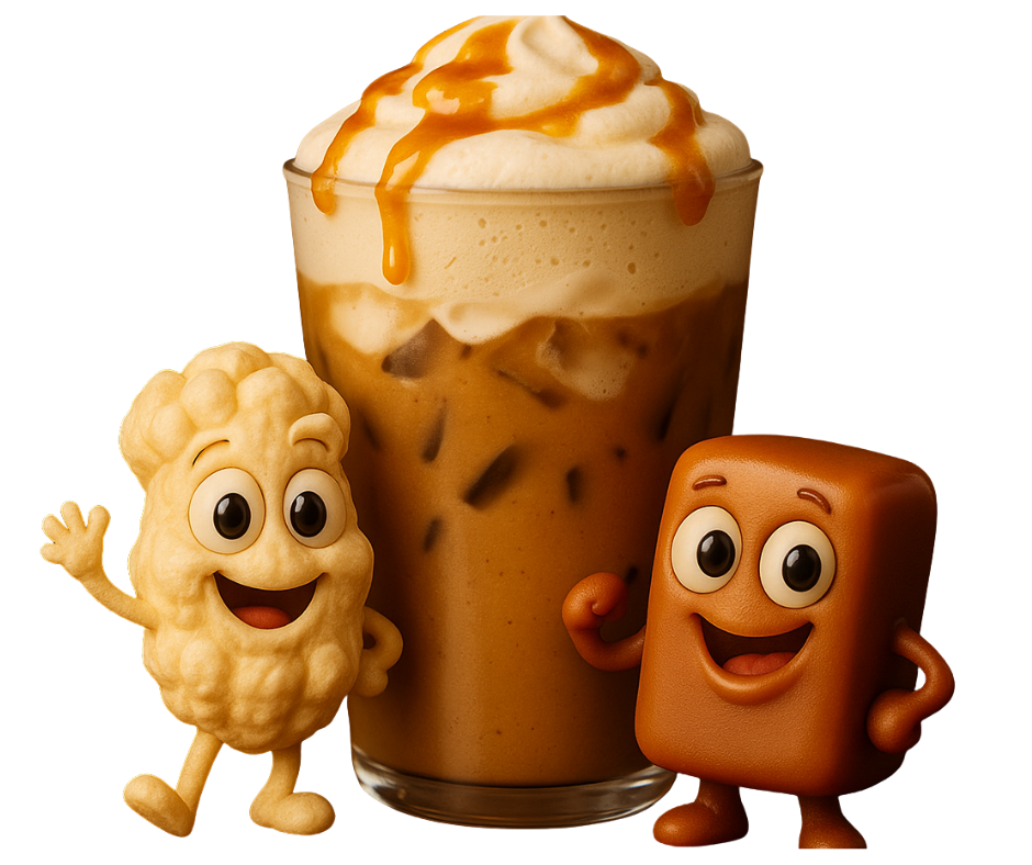 A smiling cartoon popcorn kernel and a toffee piece dance beside a glass of iced coffee topped with salted-caramel cold foam. Warm fall colors and soft golden light give the image a cozy, playful café vibe.