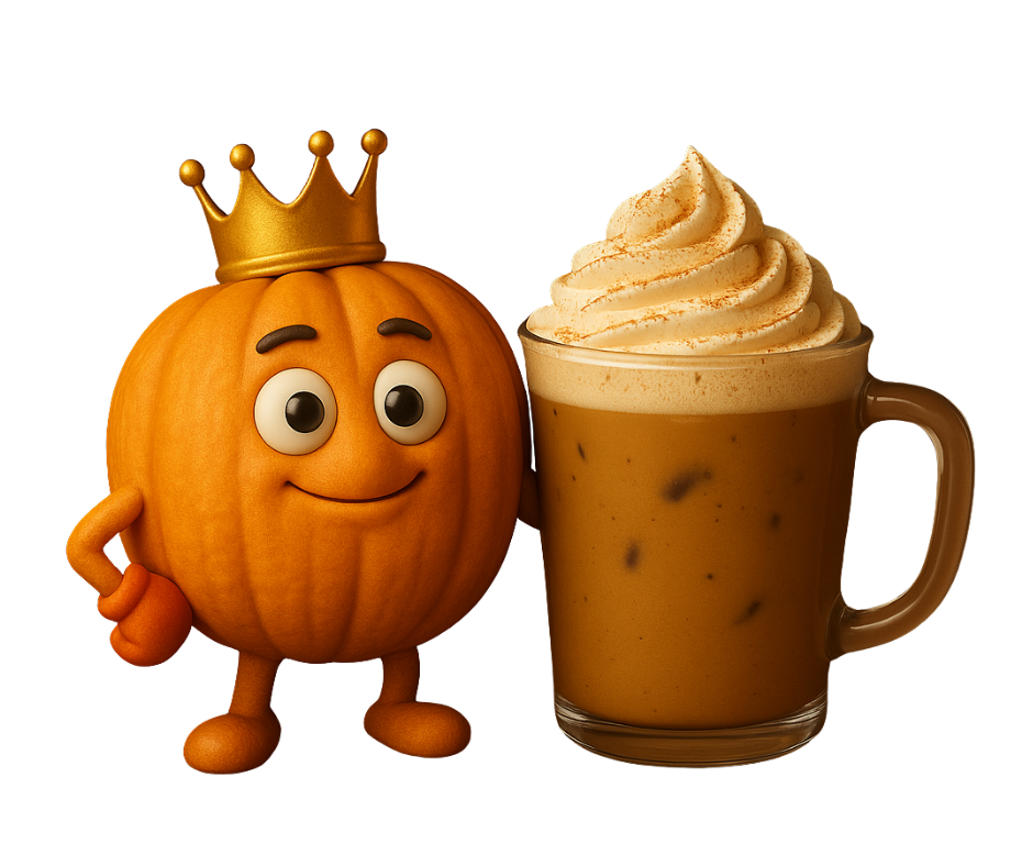 A cartoon pumpkin wearing a golden crown poses proudly beside a frothy pumpkin spice coffee topped with whipped cream and cinnamon.