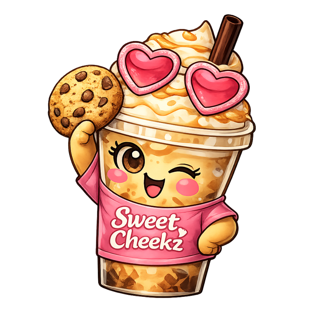Cute cartoon iced coffee character holding a cookie and wearing heart-shaped sunglasses for Sweet Cheekz Cafe N’ Bistro