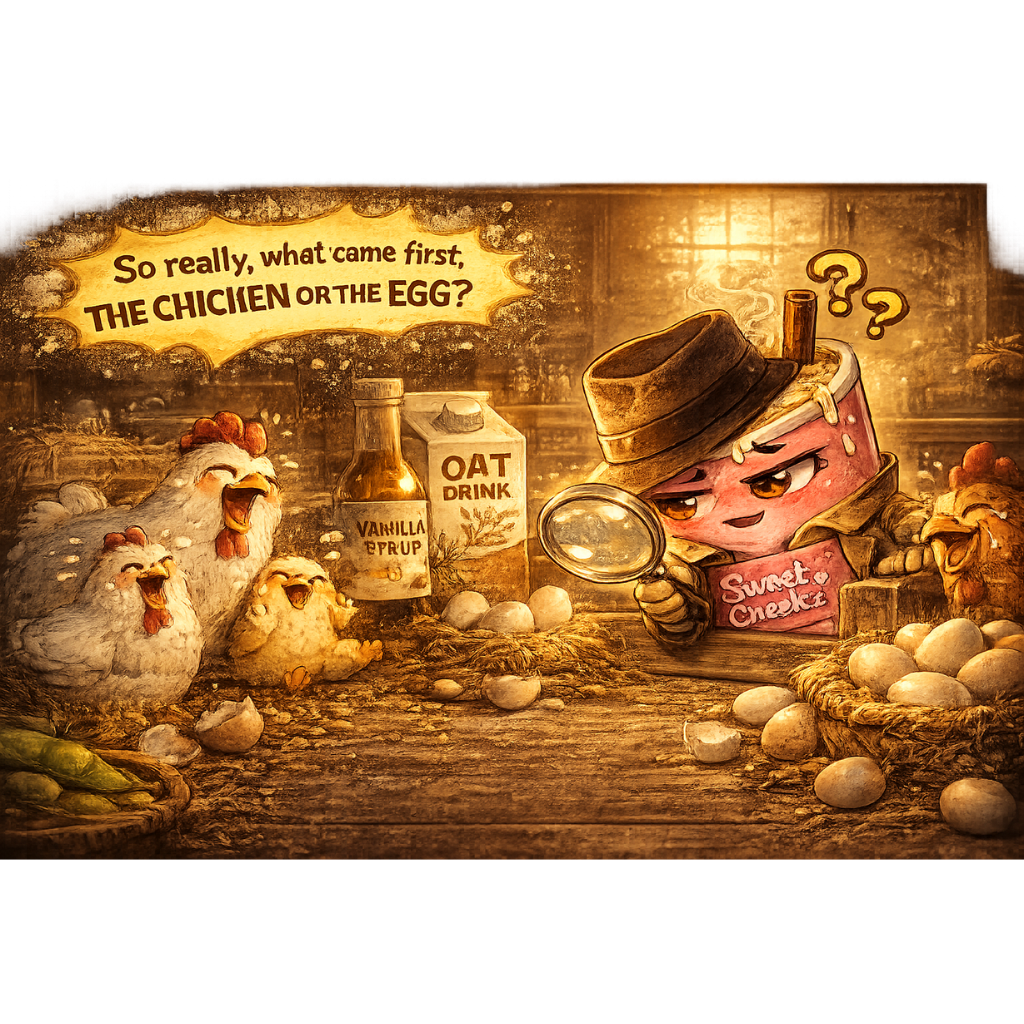 Cartoon coffee detective questioning eggs and breakfast ingredients for allergen awareness at Sweet Cheekz Cafe N’ Bistro