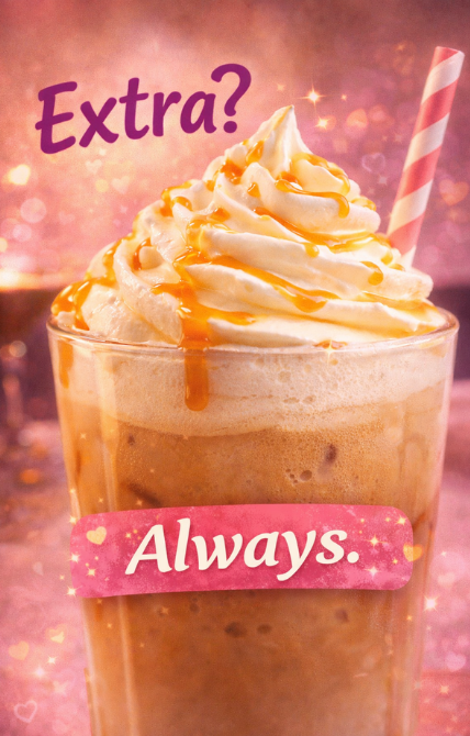 Iced coffee topped with extra whipped cream and caramel drizzle at Sweet Cheekz Cafe N’ Bistro in Sandusky, Ohio