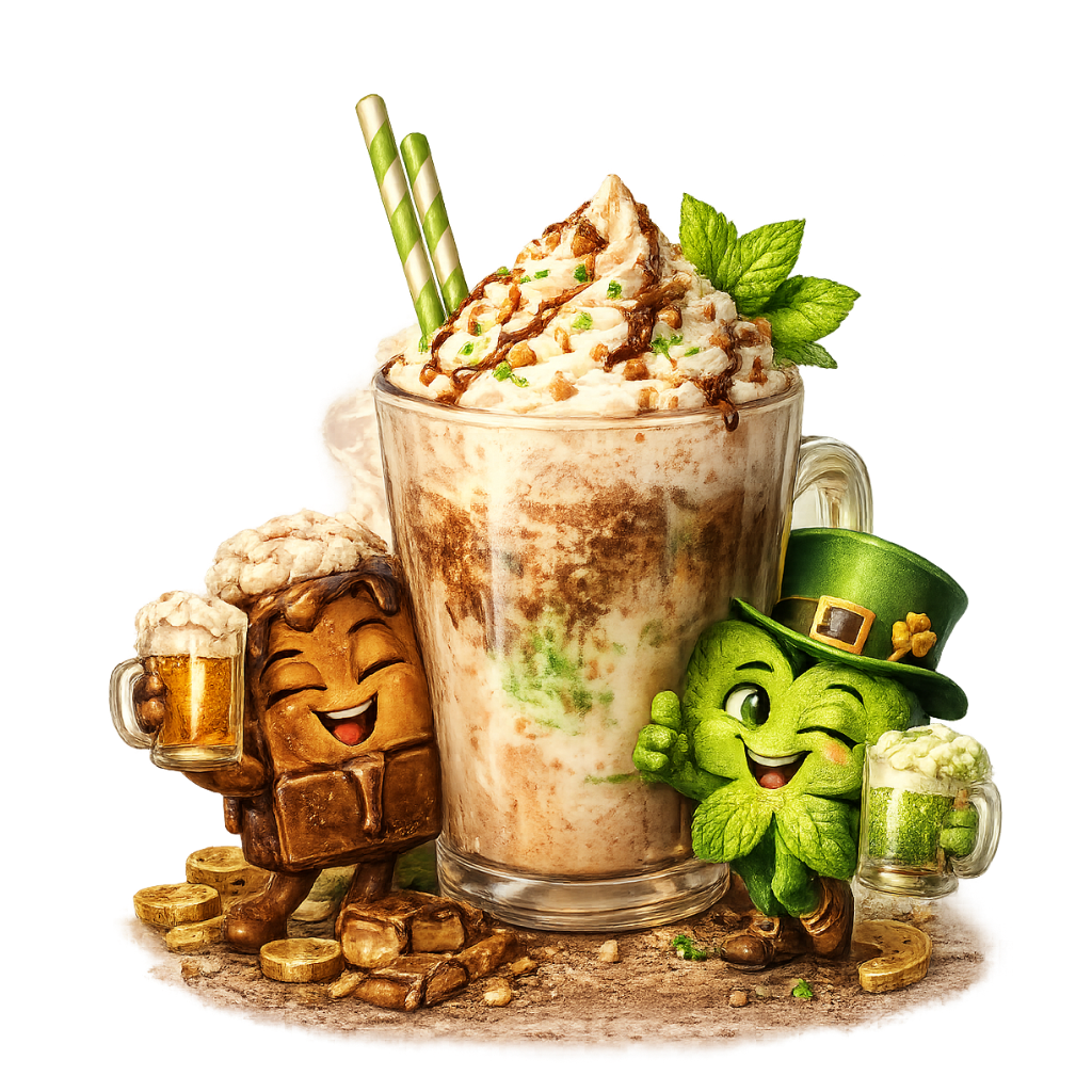 Feeling Lucky specialty coffee with whipped cream and mint tones, illustrated with playful Irish-themed characters at Sweet Cheekz Cafe N’ Bistro