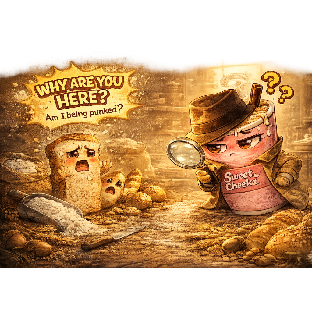 Illustrated coffee detective investigating hidden gluten and wheat ingredients for Sweet Cheekz Cafe N’ Bistro allergy awareness