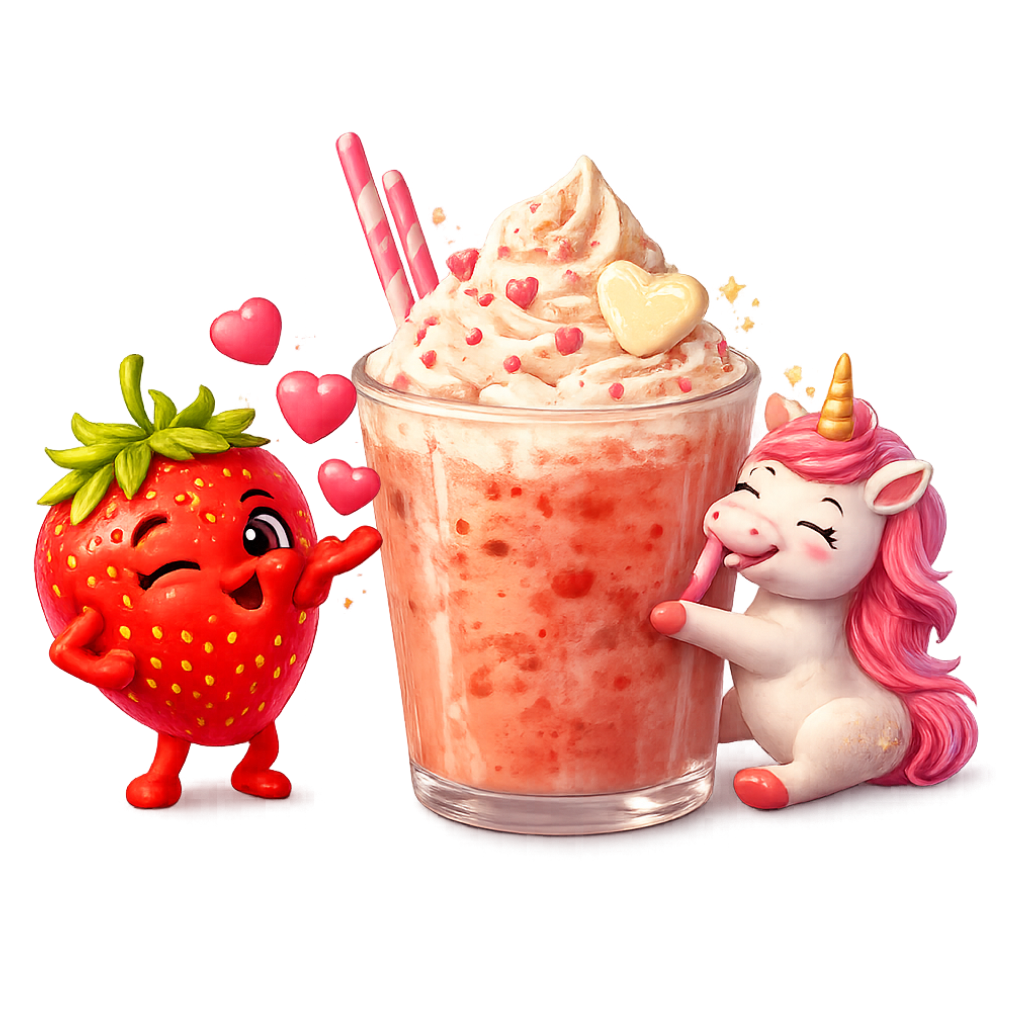 Lucky Charm specialty coffee made with strawberry and white chocolate, illustrated with a unicorn and strawberry characters at Sweet Cheekz Cafe N’ Bistro