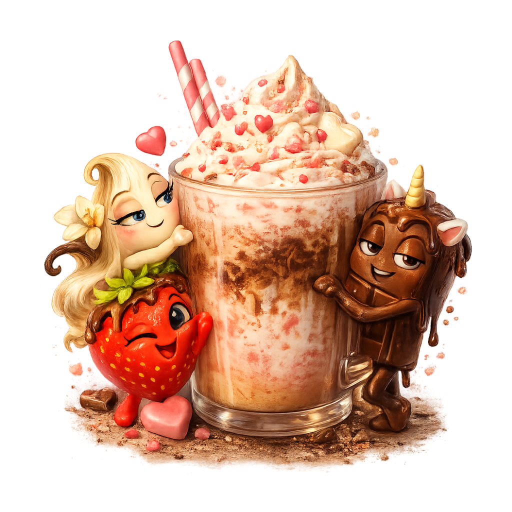 Love Bite specialty coffee with whipped cream, chocolate, and strawberry flavors, illustrated with playful dessert characters at Sweet Cheekz Cafe N’ Bistro