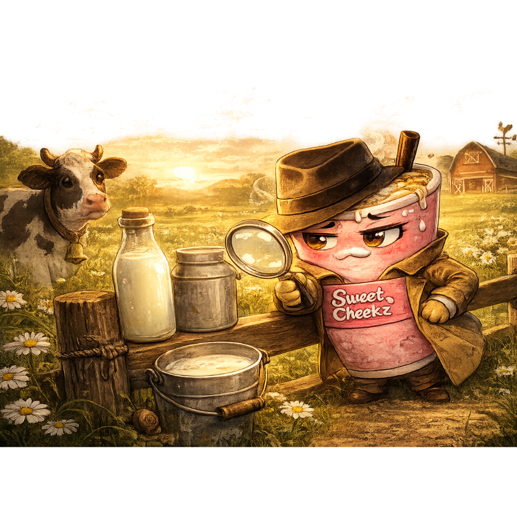 Illustrated coffee detective examining milk and dairy ingredients for allergen transparency at Sweet Cheekz Cafe N’ Bistro
