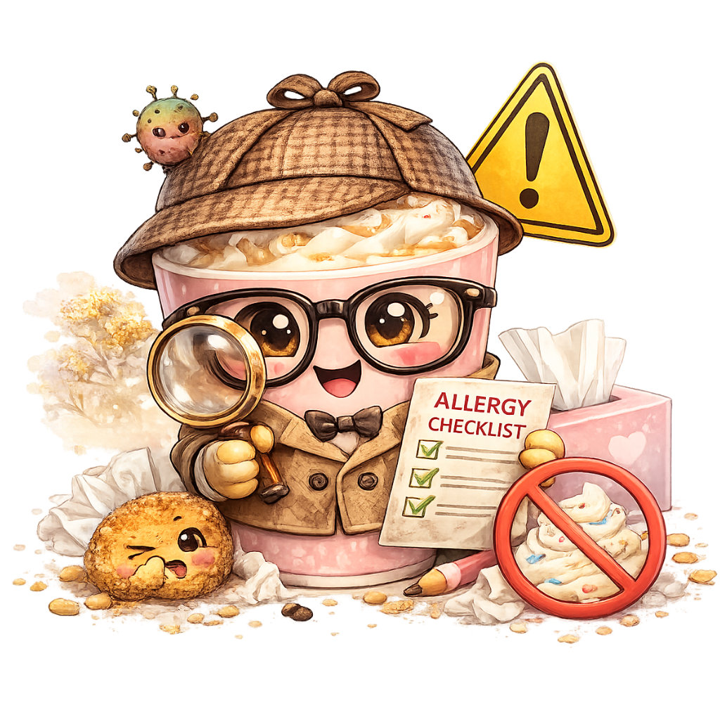 Cute detective-style coffee character holding an allergy checklist for Sweet Cheekz Cafe N’ Bistro ingredient safety
