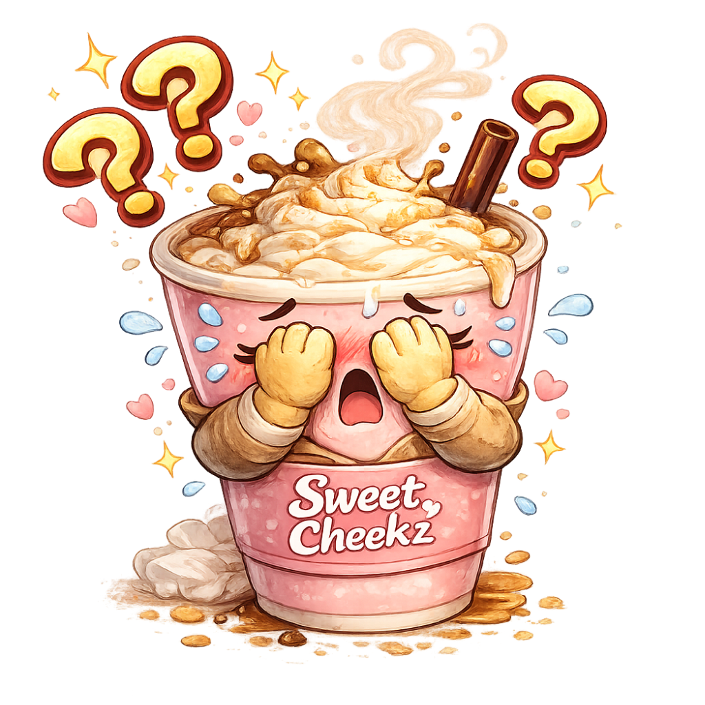 Illustrated coffee character reacting to unexpected ingredients to emphasize allergy awareness at Sweet Cheekz Cafe N’ Bistro