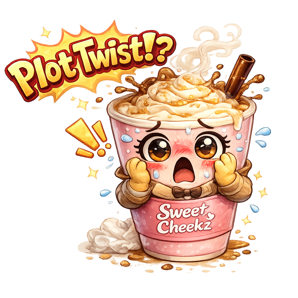 Cartoon coffee cup shocked by unexpected ingredients, symbolizing allergy transparency at Sweet Cheekz Cafe N’ Bistro