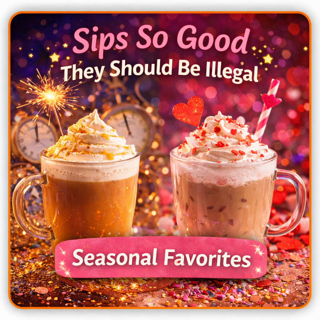 Seasonal specialty coffee drinks topped with whipped cream and festive toppings at Sweet Cheekz Cafe N’ Bistro