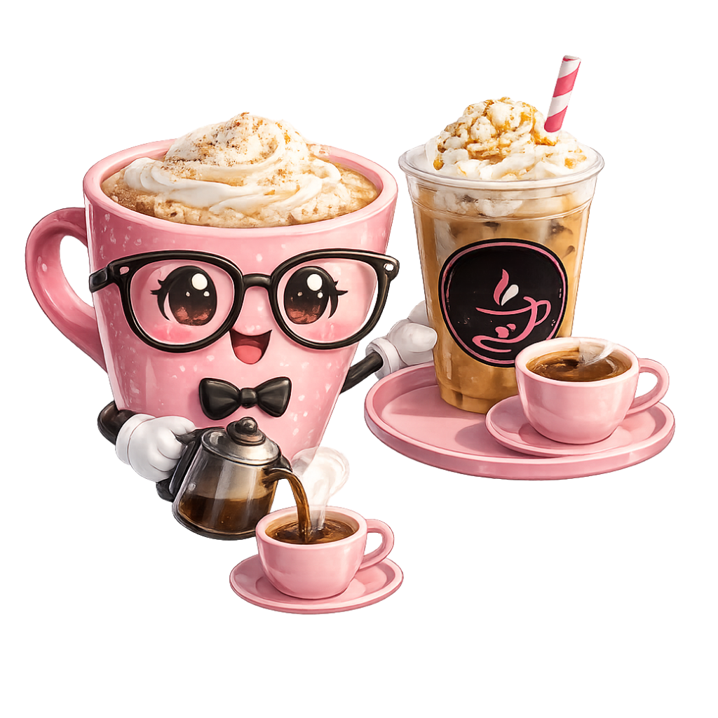 Illustrated Sweet Cheekz coffee characters with specialty drinks representing daily café moments