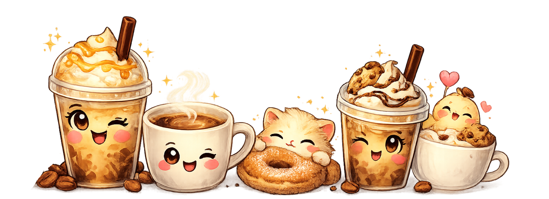 Cute cartoon coffee cups and baked treats illustrated as smiling characters for Sweet Cheekz Cafe N’ Bistro