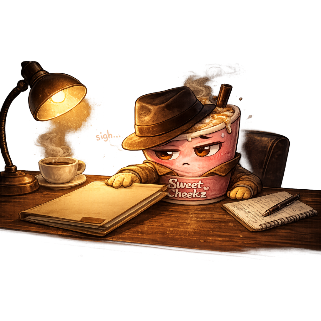 Illustrated coffee detective interrogating ingredients at a desk for allergy awareness at Sweet Cheekz Cafe N’ Bistro