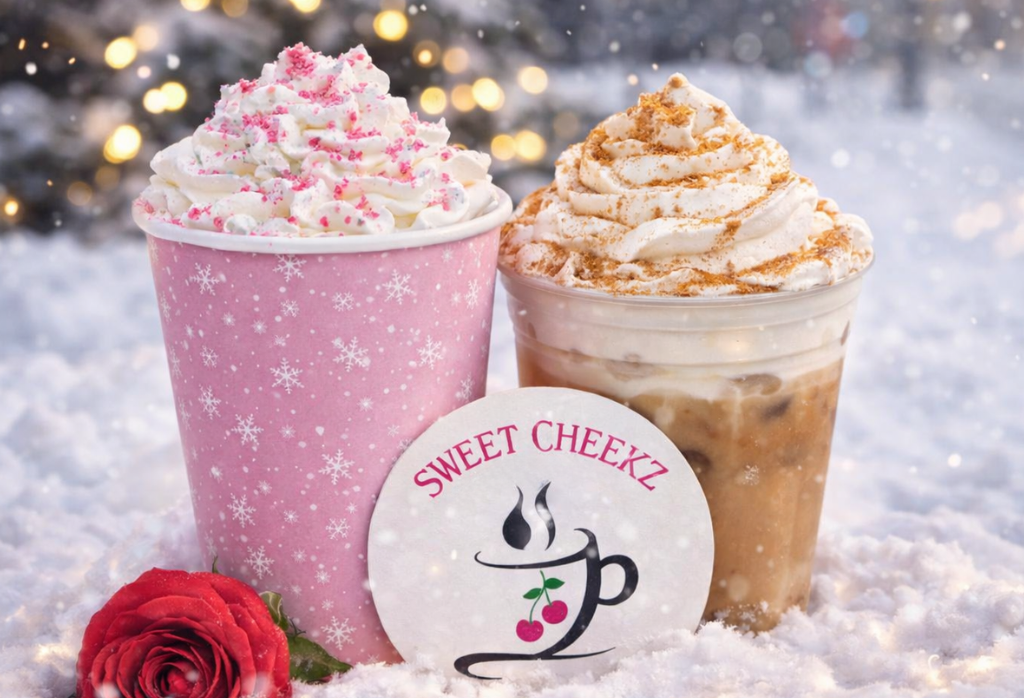 Seasonal specialty coffee drinks topped with whipped cream at Sweet Cheekz Cafe N’ Bistro during winter