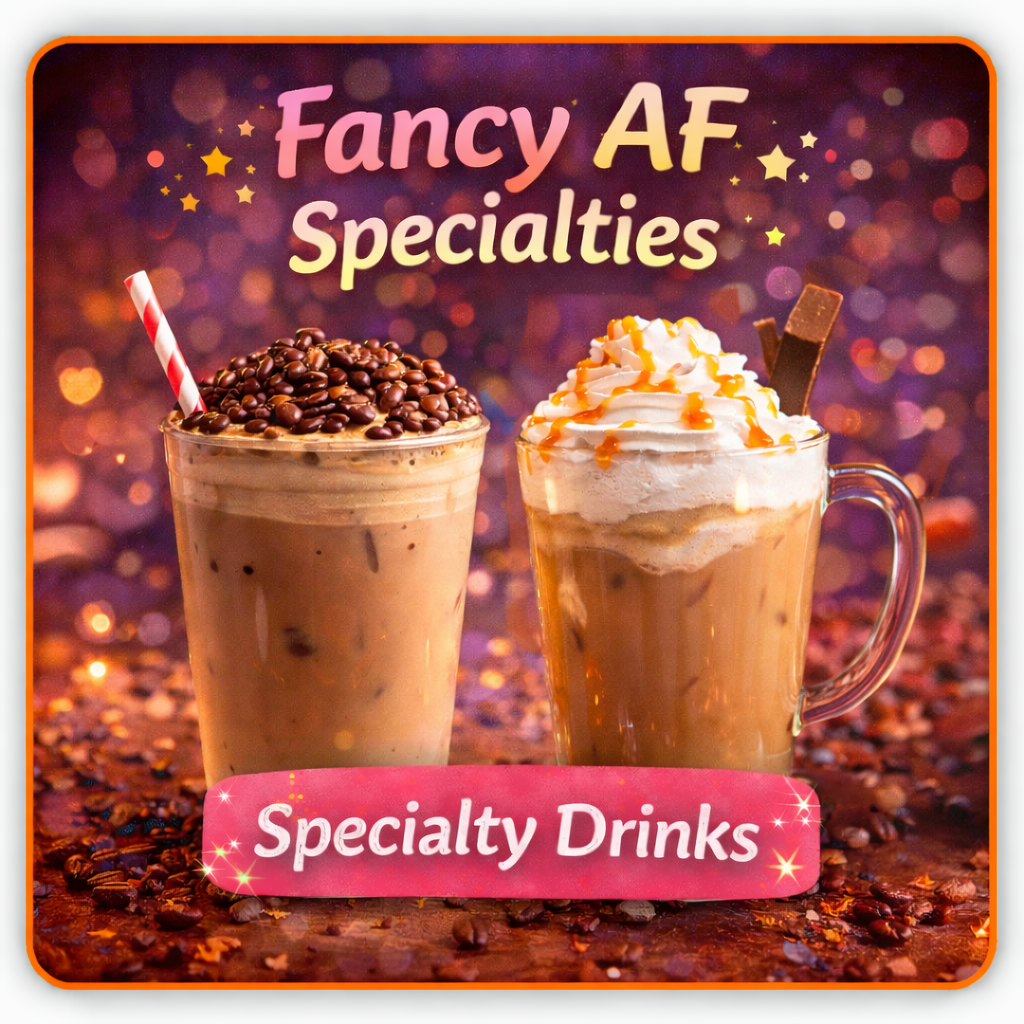 Two fancy iced specialty coffee drinks with whipped cream and toppings at Sweet Cheekz Cafe N’ Bistro