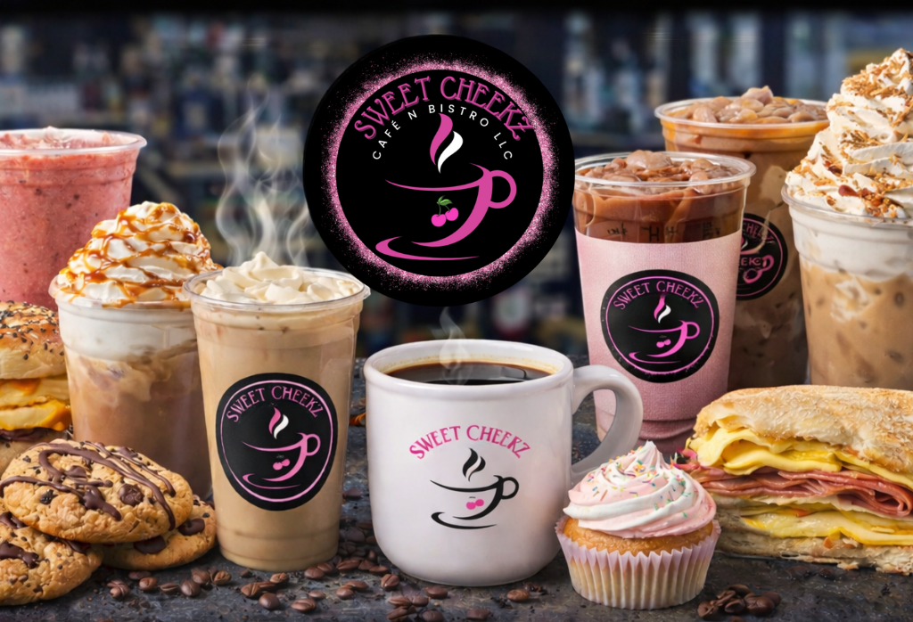 Assorted iced coffee drinks, hot coffee, cookies, cupcake, breakfast sandwich, and Sweet Cheekz Cafe N’ Bistro logo on a café counter in Sandusky, Ohio