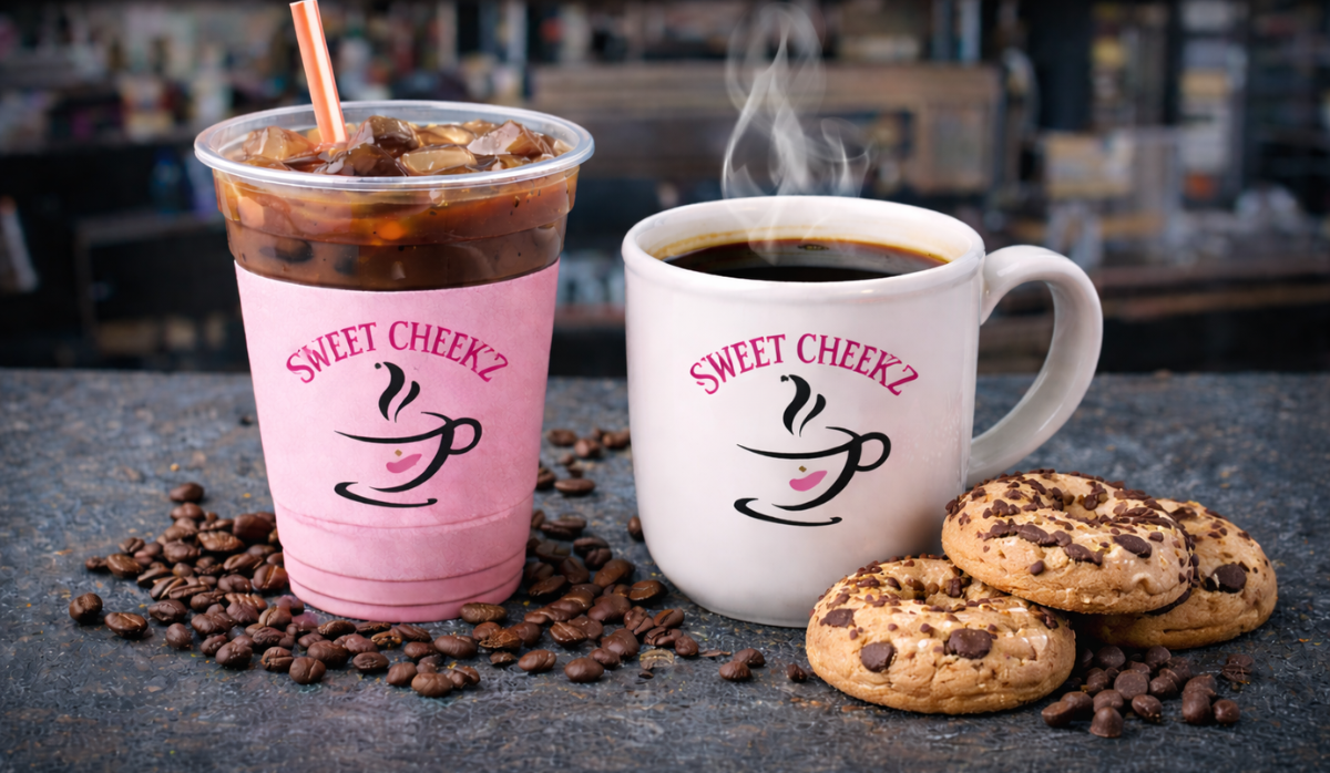 Iced coffee and hot coffee served with chocolate chip cookies at Sweet Cheekz Cafe N’ Bistro in Sandusky, Ohio