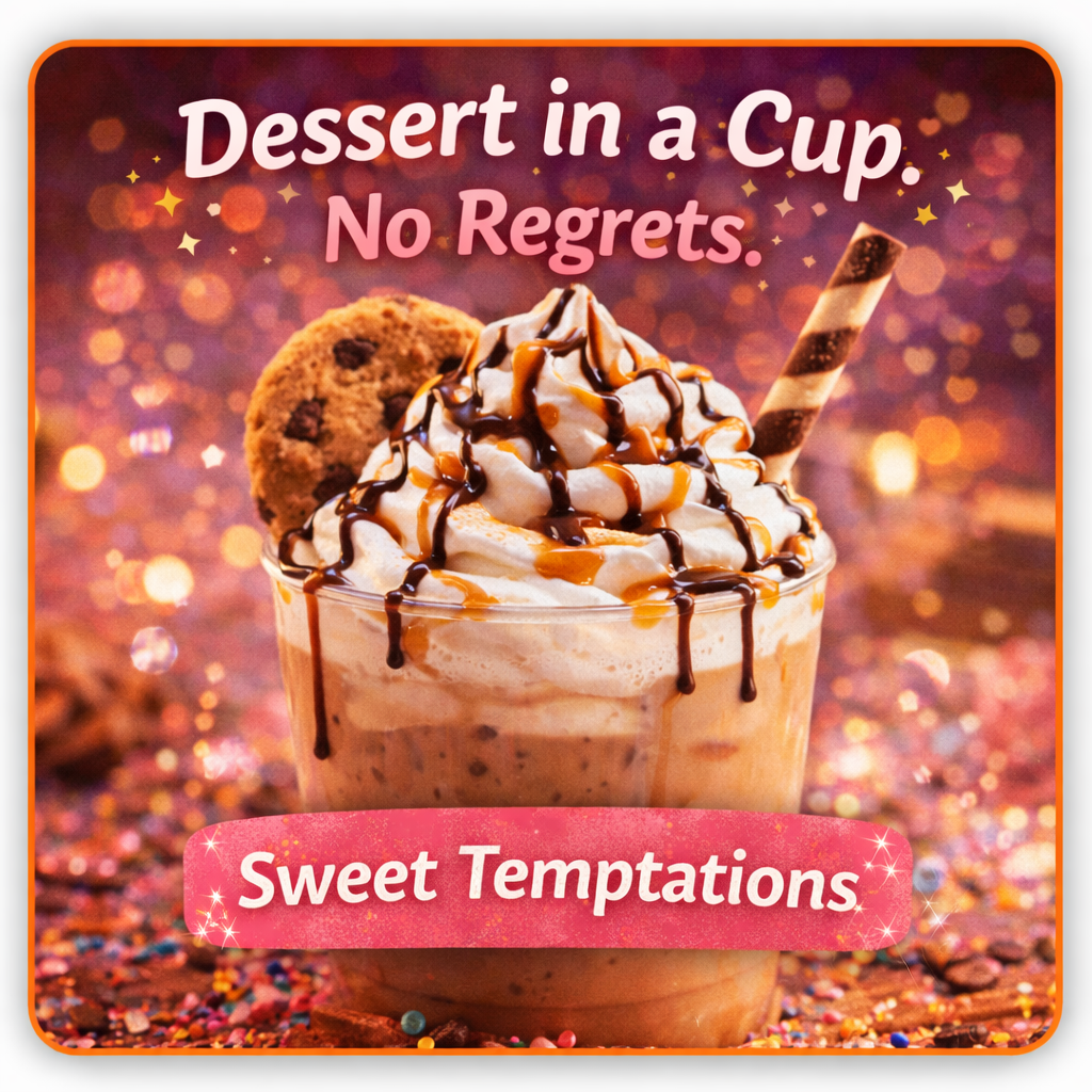 Dessert-style specialty coffee with whipped cream, chocolate drizzle, and cookie topping at Sweet Cheekz Cafe N’ Bistro