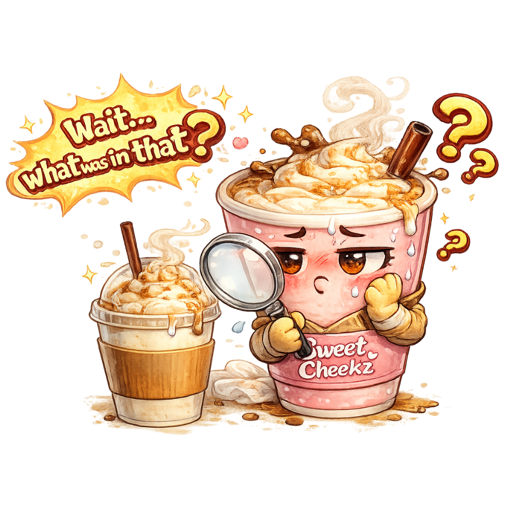 Cartoon coffee cup questioning ingredients to prevent allergy surprises at Sweet Cheekz Cafe N’ Bistro